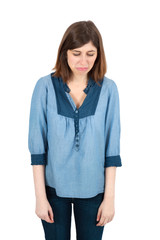 Beautiful woman doing different expressions in different sets of clothes: sad