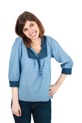 Obraz premium Beautiful woman doing different expressions in different sets of clothes: love