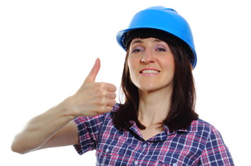 Builder woman in blue helmet showing thumbs up