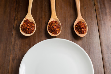 empty dish, red Chili peppers on wooden background