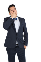 Handsome man doing different expressions in different sets of clothes: yawn