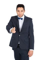 Handsome man doing different expressions in different sets of clothes: gun sign