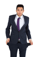 Handsome man doing different expressions in different sets of clothes: empty pockets