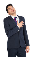 Handsome man doing different expressions in different sets of clothes: heart attack