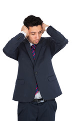 Handsome man doing different expressions in different sets of clothes: headache