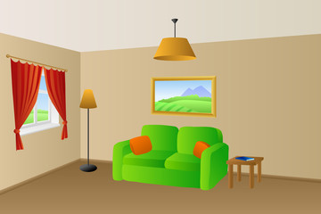 Living room beige green sofa orange pillows lamps window illustration vector