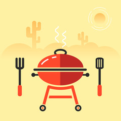 Barbecue set of grill, fork and shoulder represented on a Mexican landscape. Fully editable vector illustration. Perfect for cuisine industry.