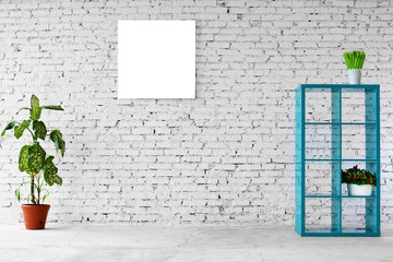  Interior in white brick with a bookshelf 