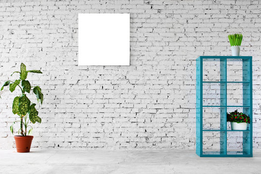  Interior in white brick with a bookshelf 