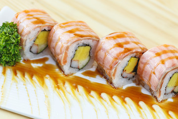 Traditional japanese food, Salmon sushi roll maki