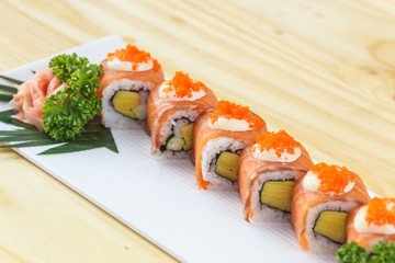 Traditional japanese food, Salmon sushi roll maki