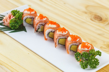 Traditional japanese food, Salmon sushi roll maki