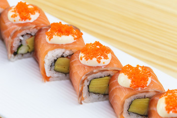 Traditional japanese food, Salmon sushi roll maki