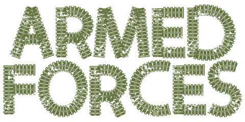 Armed forces text with the letters made of tank tracks, isolated on white