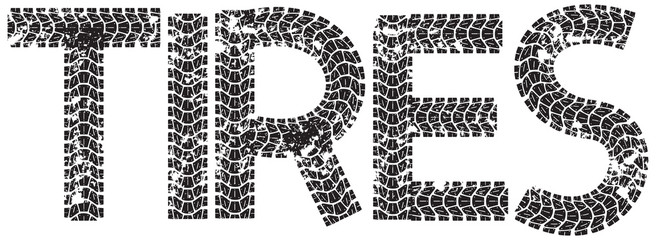 Obraz premium Tires text with the letters made from motorcycle tire tracks, isolated on white