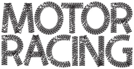 Motor Racing text with the letters made from motorcycle tire tracks, isolated on white