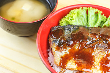 Traditional japanese food, Saba teriyaki serve with rice and sou
