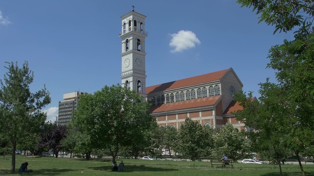 The Roman Catholic Cathedral of Blessed Mother Teresa view from the park in the city center.