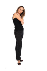 Beautiful woman doing different expressions in different sets of clothes: posing