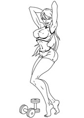 Sexy fitness girl,illustration,ink,black and white,logo,outline,isolated on a white