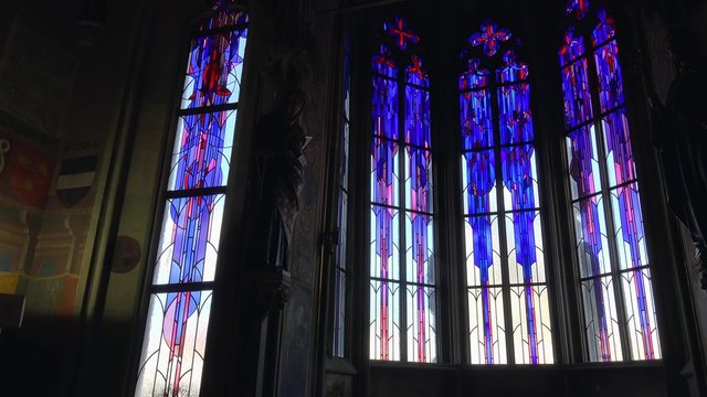 Stained glass inside the City Hall tower at the Old Town Square of Prague.