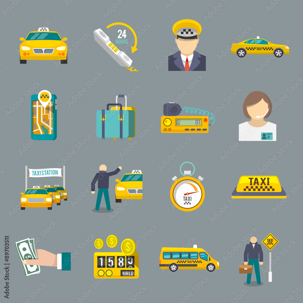 Poster taxi icons flat set