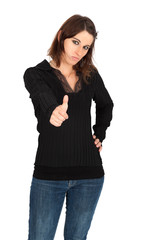 Obraz premium Beautiful woman doing different expressions in different sets of clothes: thumbs up