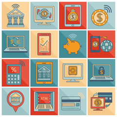 Mobile banking icons flat line