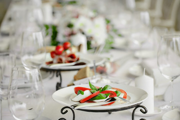 White plates are on the table in restaurant. Mozzarella, tomato and basil on a plate- kapreze or caprese in restarant. Delicious ready-to-eat.