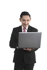Asian Business Man Holding Laptop
