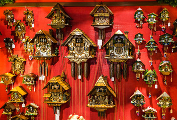 Vintage wooden cuckoo clocks in shop Munich, Germany