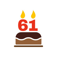 The birthday cake with candles in the form of number 61 icon. Birthday symbol. Flat