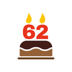 The birthday cake with candles in the form of number 62 icon. Birthday symbol. Flat