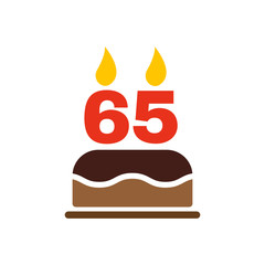 The birthday cake with candles in the form of number 65 icon. Birthday symbol. Flat