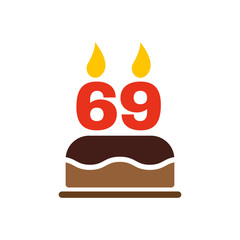 The birthday cake with candles in the form of number 69 icon. Birthday symbol. Flat