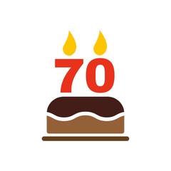 The birthday cake with candles in the form of number 70 icon. Birthday symbol. Flat