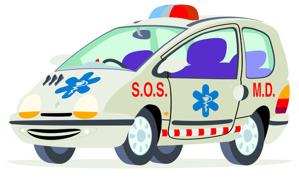 Caricatura Renault Twingo blanco asitencia m&eacute;dica vista frontal y lateral