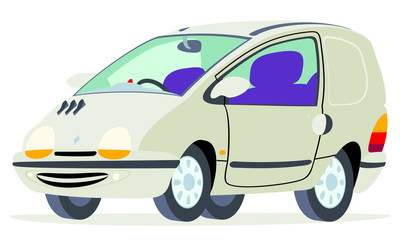 Caricatura Renault Twingo comercial blanco vista frontal y lateral