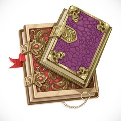 Antique books on witchcraft clasps top view isolated on white ba