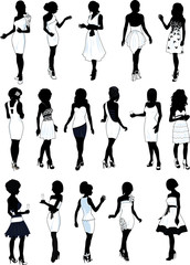 set of sixteen silhouettes of beautiful girls in detailed white cocktail dresses