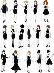 set of sixteen mannequins silhouettes of beautiful girls in detailed black cocktail dresses with stylish hairdo