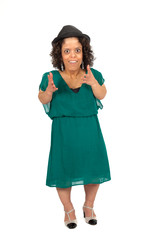 Beautiful woman doing different expressions in different sets of clothes: surprise