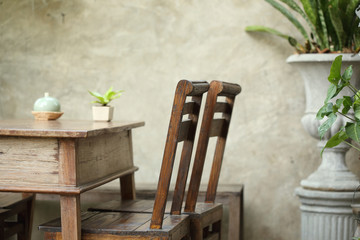 set of wooden table and chair decorated in garden, interior