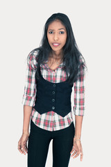 Beautiful woman doing different expressions in different sets of clothes: bored