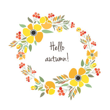 Signature "Hello autumn" with red, brown and orange flowers and
