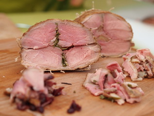 Roulade of roasted duck breast stuffed with thyme leaves.