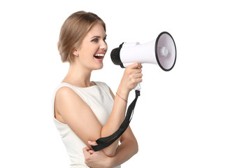 Business woman with megaphone yelling and screaming isolated on