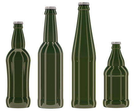 Green glass bottles render isolated on white background