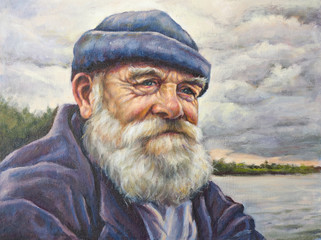 oil portrait of senior man with his cap - 89717712