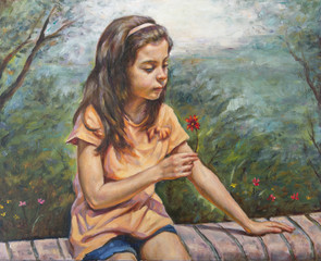 oil painting on canvas of a girl with her little flower - 89717766